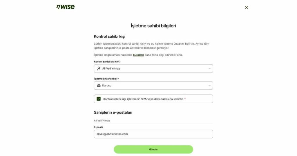 Wise Business (Kurumsal) Hesap Nasıl Açılır? Wise Business Şirket Sahibi Bilgilerini Tanımlama