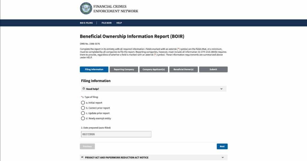 FinCEN BOI Online Raporlama Başvuru Türü