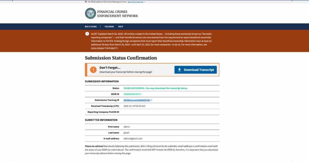 FinCEN BOI Online Raporlama Başvuru Sonucu