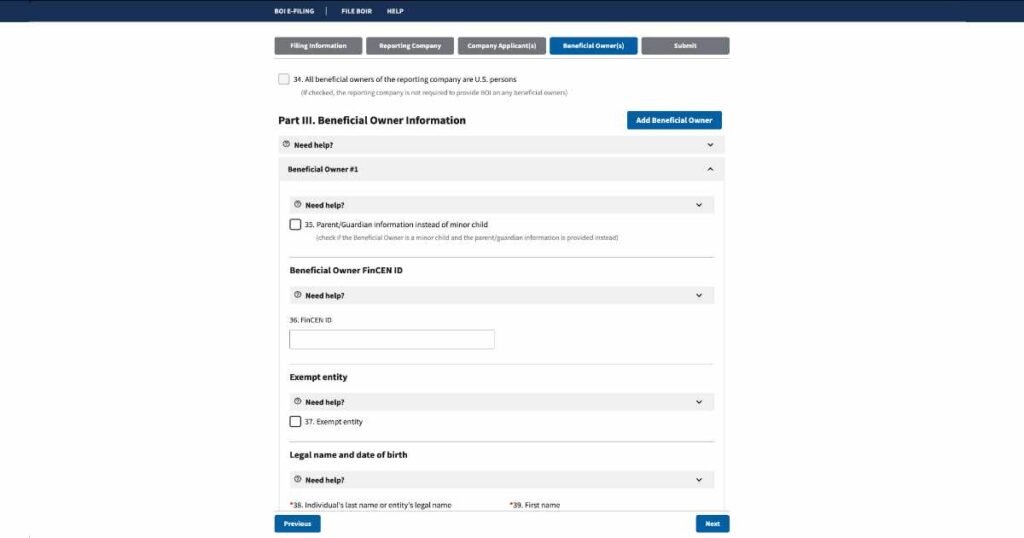 FinCEN BOI Online Raporlama Şirket Sahibi Bilgileri