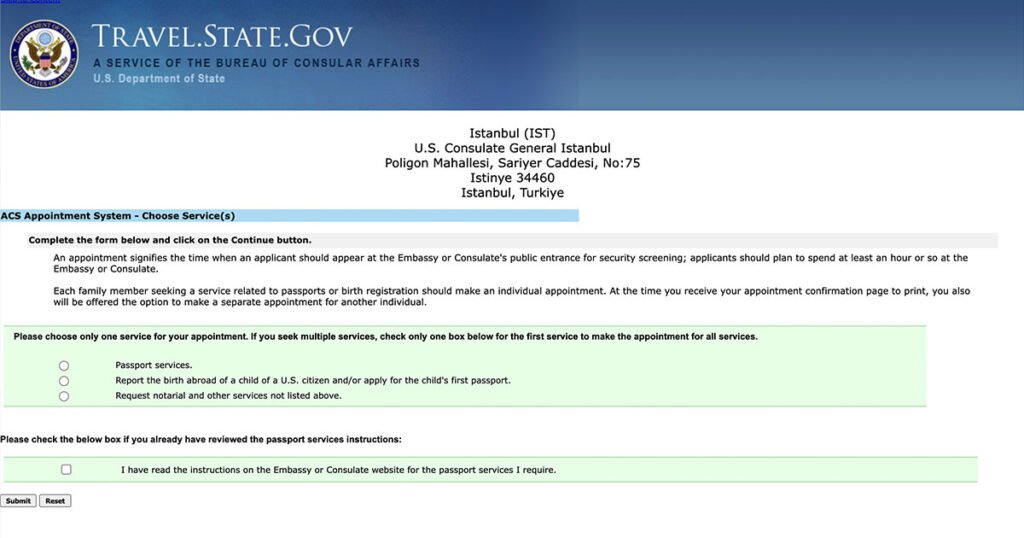 ABD Konsolosluğu Noterlik Başvurusu Randevu Alma | Hizmet Tipi Seçimi