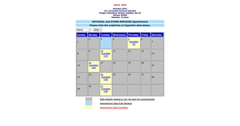 ABD Konsolosluğu Noterlik Başvurusu Randevu Alma | Tarih Seçimi