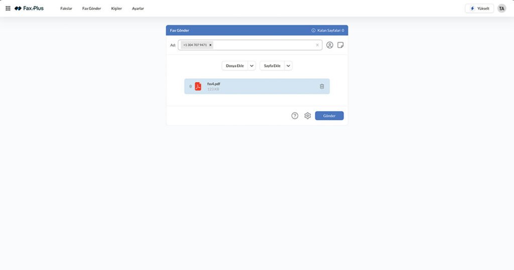 Fax.Plus Faks Gönderme Ekranı