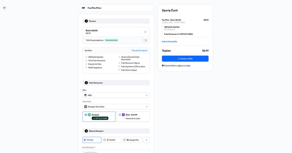 Fax.Plus Paket ve Numara Seçimi